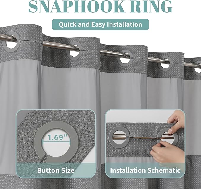 Grey No Hook Waffle Weave Shower Curtain with snap-in Liner Replacement, 230GSM Waterproof Fabric Hotel Shower Curtain Set for Bathroom, Through Mesh Top Window,36Wx74H
