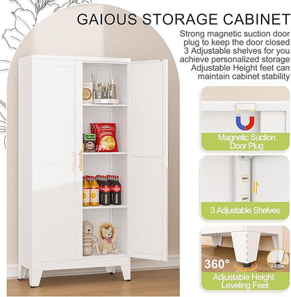 GAIOUS Metal Pantry Cabinet, Kitchen Pantry Storage Cabinets with 2 Door and 3 Adjustable Shelves, White Kitchen Pantry Cabinet, Freestanding Cupboard for Dining Room Living Room Bathroom