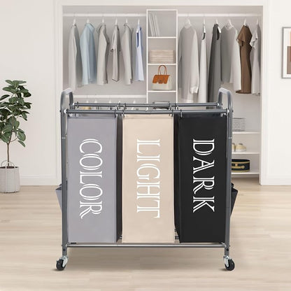 STORAGE MANIAC 3 Section Laundry Sorter, 35.9 Gal (136 L) Laundry Hamper Cart with Heavy Duty Rolling Lockable Wheel and Removable Bag, Clothes Organizer Basket Clothes Separator Hamper, Multicolored