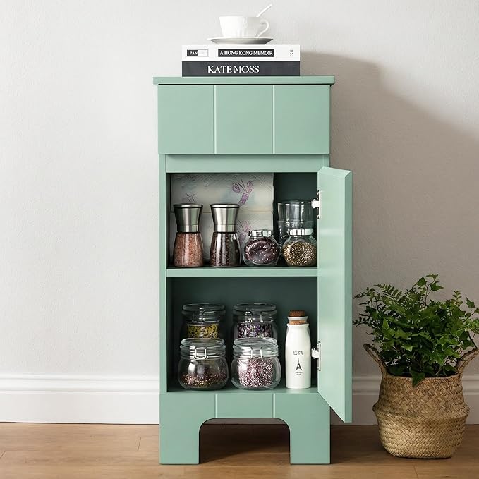Small Bathroom Cabinet with Adjustable Shelves, Drawer, Anti-Tip Design, 14.96" L x 11.81" W x 32.09" H, Durable MDF for Bathroom, Kitchen, Laundry Storage, Soft-Close Door