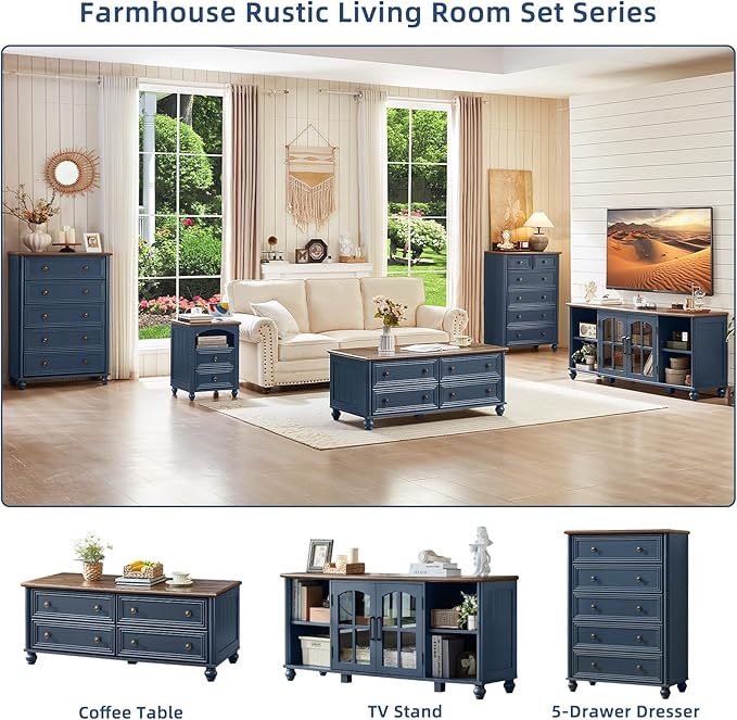 48" Farmhouse Coffee Table with Hidden Storage,Wooden Coffee Tables with 4 Drawers & Roman Column Handle,Rectangular Rustic Center Table with Solid Wood Curved Legs for Living Room,Office,Blue