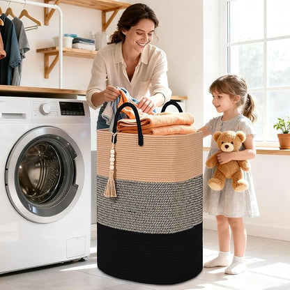 Woven Laundry Basket for Clothes, 80 L Large Rectangle Laundry Hampers with Beads Tassel, Nursery Storage Basket for Toys, Tall Dirty Clothes Hamper for Bedroom Aesthetic, Laundry Room Organization