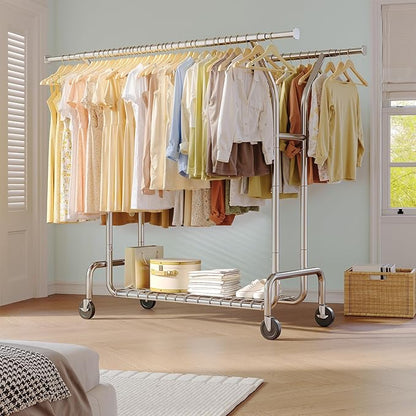 Raybee Heavy Duty Clothes Rack Load 630 LBS, Double Rods Rolling Clothing Rack with 360° Lockable Wheels, Easy Assembly, Portable Adjustable Garment Rack with Shelves for Home & Commercial, Chrome