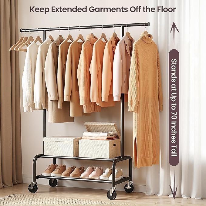 Clothes Rack for Hanging Clothes, Portable Clothing Rack with Wheels Sturdy Garment Organizer Metal Portable Wardrobe Closet with Double Shelves for Bedroom Laundry Living Room, Black