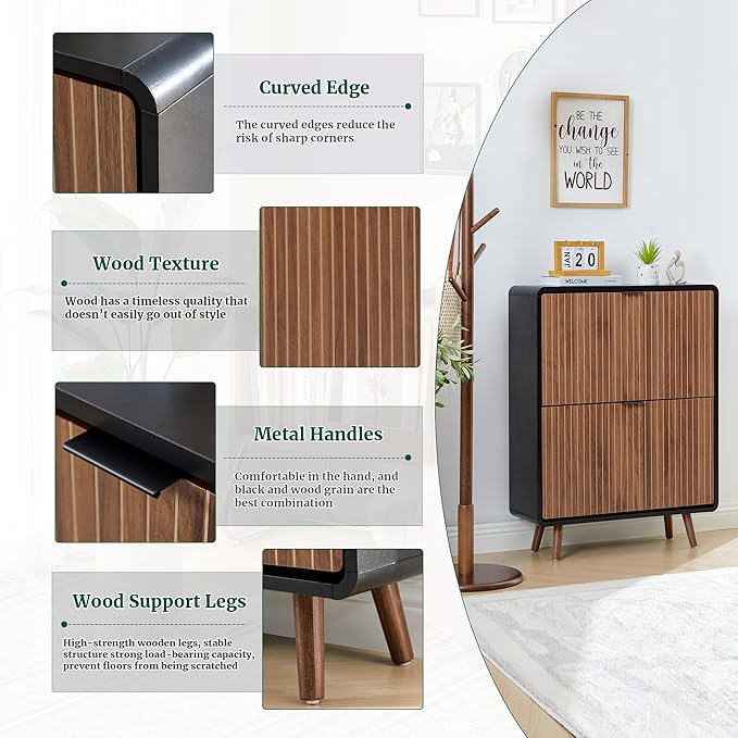 Fluted Shoe Cabinet Storage for Entryway,Slim Shoe Cabinet with 2 Flip Drawers, Narrow Shoes Rack Organizer (All Walnut, 2 Drawers)