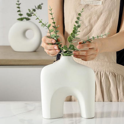 Dobbyby Ceramic Vase Set of 2, Modern Donut Vases for Minimalist Nordic Home Decor, Waterproof Round Vase, Decorative Centerpiece Vases for Living Room, Entryway, Table Decor (02-Matte Cream)