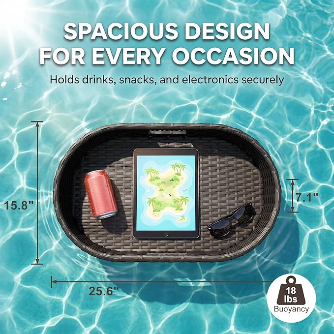 Greesum Wicker Pool Floating Tray, 26”x15” Oval Portable Serving Tray for Holding Fruits, Drinks & Essentials, Suitable for Pool Activities, Bathtub, Hot Tub, Beach Parties, Black