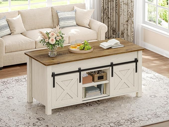 SEDETA Lift Top Coffee Table, Farmhouse Lift Tabletop Dining Table, Gas Spring, Hidden Compartment, Open Storage Shelf, for Living Room, White Brown