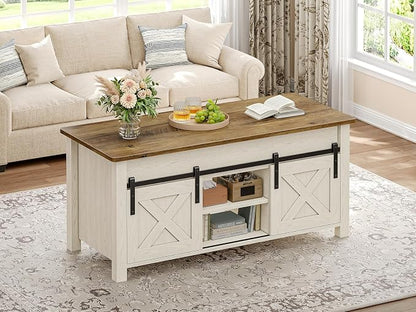 SEDETA Lift Top Coffee Table, Farmhouse Lift Tabletop Dining Table, Gas Spring, Hidden Compartment, Open Storage Shelf, for Living Room, White Brown