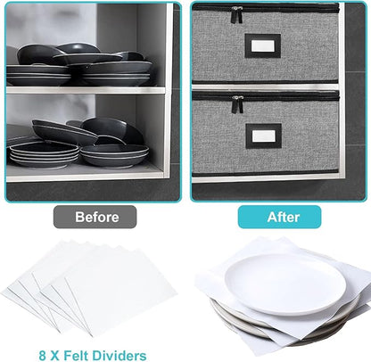 Quilted Platter Storage Case 2PACK-Fine China Storage Containers Hard Shell for Organizing,Stackable Plate Storage Containers with 8 Felt Dividers,dinnerware Storage,Moving Box,Moving Supplies