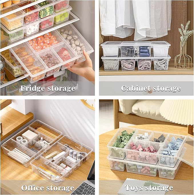 MANO 2 Pack Divided Veggie Tray with Lid - 5 Compartment Clear Snack Containers for Fridge, Stackable Produce Saver Storage for Fruits, Vegetables, Meat & Fish