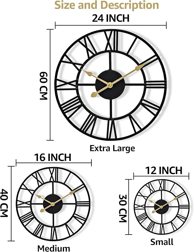 Sorbus Large Wall Clock for Living Room Decor - 12 inch Big Wall Clock Decorative - Battery Operated - Roman Numeral Analog Large Clock for Bedroom, Room, Home, Kitchen, Office, Wall Decor (Black)