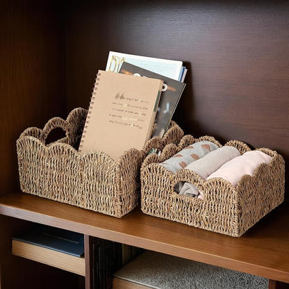 Scalloped Baskets (Natural-Set of 2) Seagrass Basket For Decor, Basket Living Room Organizer, Bathroom, Bedroom, Laundry,... Seagrass Storage Baskets with Built-in Handles.