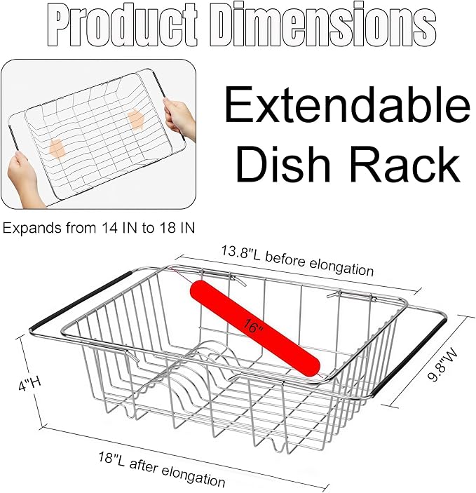 Expandable Dish Drying Rack, Rustproof Stainless Over Sink Dish Drainer Rack Basket Shelf, 304 Stainless Steel Metal Dish Drainer in Sink or On Counter Organizer Dish Dryer Rack for Inside Sink