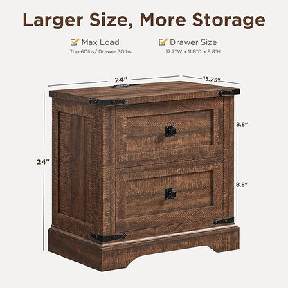 T4TREAM 24" Farmhouse Nightstand with Charging Station Set of 2, Large End Table with 2 Storage Drawers, Rustic Wood Sofa Bedside Table for Bedroom, Reclaimed Barnwood Color