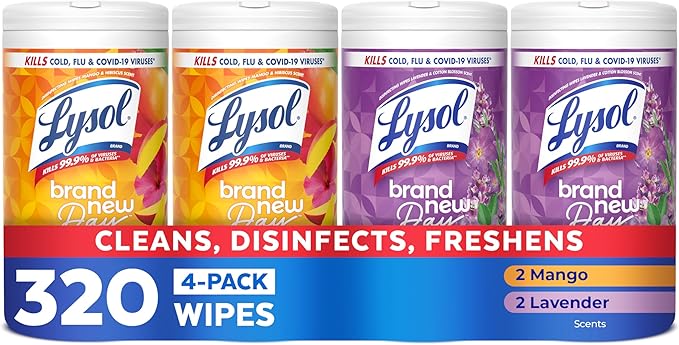 LYSOL Disinfecting Wipes, All Purpose Cleaner, Multi-Surface Antibacterial Cleaning Wipes, Household Cleaning Supplies, Dorm Essentials, Lavender + Mango Scents, 80 ct. (4 Pack)