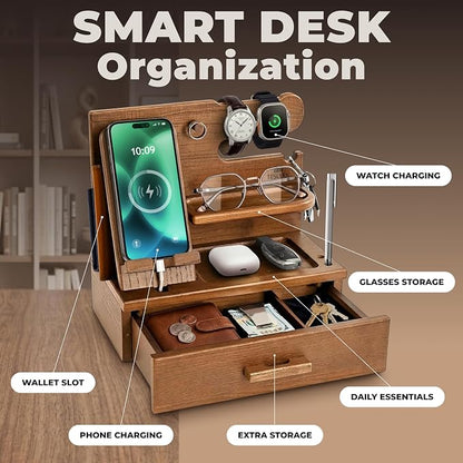 TESLYAR Wood Phone Docking Station with Drawer - Nightstand Organizer - Desk Organizer for Husband - Birthday Gifts for Men, Dad, Anniversary Idea, Key Holder Stand Watch & Accessories (Earth Beige)