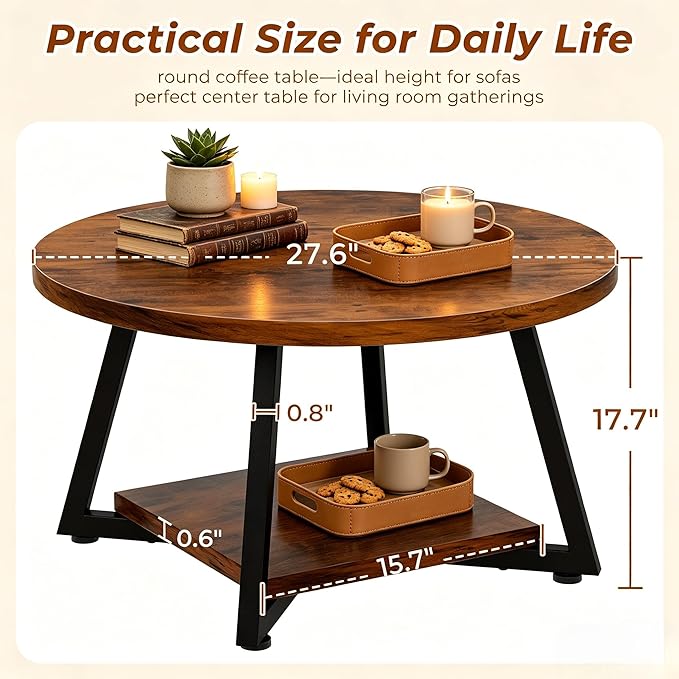 Round Coffee Table for Living Room, 27.6“ Circle Coffee Table, 2-Tier Industrial Coffee Tables with Storage, Wood Coffee Table, Modern Accent Table for Apartment, Office, Small Space, Rustic Brown