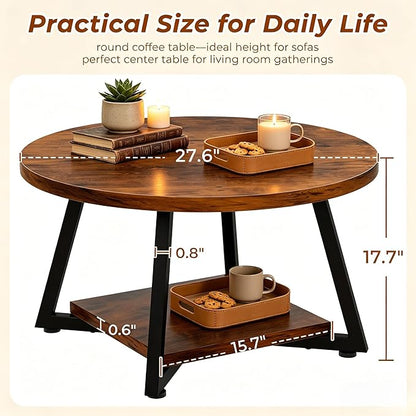 Round Coffee Table for Living Room, 27.6“ Circle Coffee Table, 2-Tier Industrial Coffee Tables with Storage, Wood Coffee Table, Modern Accent Table for Apartment, Office, Small Space, Rustic Brown