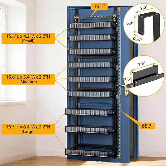 Over the Door Pantry Organizer 9 Tier Hanging Door or Wall Mounted Spice Rack with Adjustable Acylic Basket,Heavy Duty Metal Seasoning Storage Shelf for Kitchen Pantry and Bathroom Black