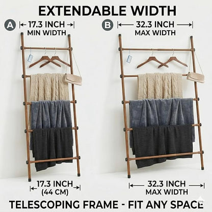 SIBRAD Expandable Blanket Ladder for Living Room, Adjustable Width (17.3"-32.3") Tall Metal Quilt Rack Wall Leaning, Rustic Brown Wood Grain 5-Tier Blanket Holder, Heavy Duty 45 Lbs Capacity