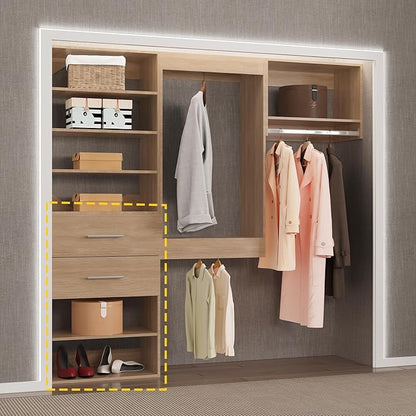 2 Drawer Short Tower Closet Unit, Modular Closet System, Wood Closet System Organizer with Storage for Walk In Closets, Clothing Rack Closet for Hanging Clothes, Bedroom, Wood, 19.5"W