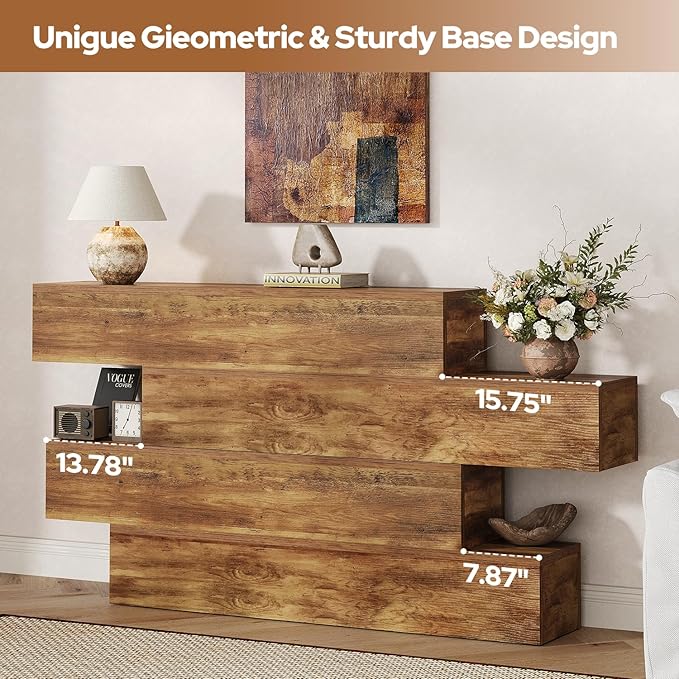 63" Long Farmhouse Console Table for Entryway, Modern Wooden Sofa Table Behind Couch, 4-Tier Storage Entry Table Hallway Table for Living Room, Unique Design Rustic Foyer Table, Walnut