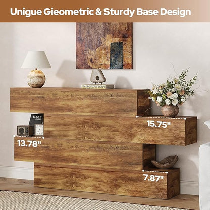 63" Long Farmhouse Console Table for Entryway, Modern Wooden Sofa Table Behind Couch, 4-Tier Storage Entry Table Hallway Table for Living Room, Unique Design Rustic Foyer Table, Walnut