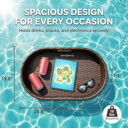 Greesum Wicker Pool Floating Tray, 26”x15” Oval Portable Serving Tray for Holding Fruits, Drinks & Essentials, Suitable for Pool Activities, Bathtub, Hot Tub, Beach Parties, Brown
