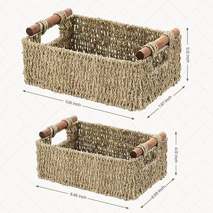 2 Pack Wicker Basket with Wooden Handles for Shelves, Handmade Storage Baskets for Home Organizing, Decorative Organizer Bins for Living Room Bathroom, Bedroom, Kitchen