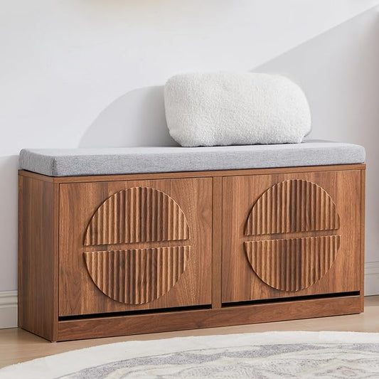 Narrow Shoe Storage Bench for Entryway, Wooden Shoe Cabinet with Flip Drawers& Adjustable Shelves, Shoe Rack Bench with Cushion, Shoe Organizer with Fluted Pattern for Hallway, Living Room (Walnut)