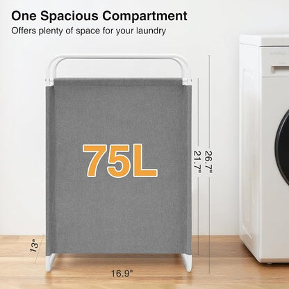 STO STO Laundry Hamper, 75L Laundry Basket with Coated Fabric Bag, Lightweight Portable Dirty Clothes Hamper, Laundry Bin with Metal Frame for Laundry Room, Bedroom, Closet and Dorm, Gray Fabric