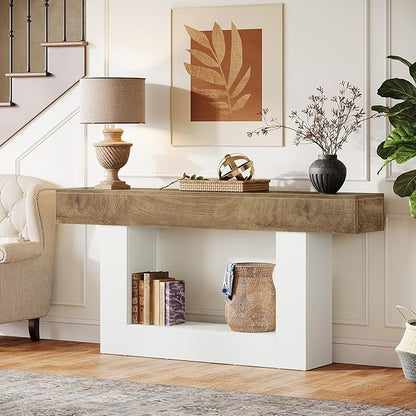 Tribesigns 63-Inch Long Console Table, 2-Tier Entryway Table Sofa Table with Storage, Farmhouse Wood Behind Couch Table for Living Room, Hallway, Light Brown & White