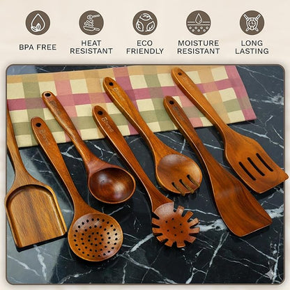 Wooden Spoons for Cooking – 7-Piece Acacia Wood Kitchen Utensil Set, Wooden Spurtles & Paddle Tools, Nonstick Safe Cooking Utensils Set Wood for Everyday Kitchen Use