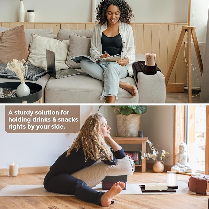 Couch Cup Holder for Armrests Over 4.9" Wide, Bamboo Couch Arm Tray with 360° Rotating Phone Stand, 3 in 1 Foldable Sofa Arm Tray Table for Remote, Snacks, Phone, Drinks Walnut