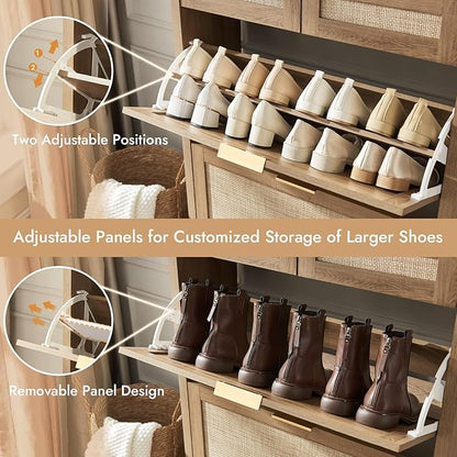 Rattan Shoe Storage Cabinet with 2 Drawers & 2 Flip Drawers – Hidden Slim Shoe Organizer for Entryway, Large Tabletop Space, Farmhouse Boho Narrow Shoe Rack, Rustic Oak