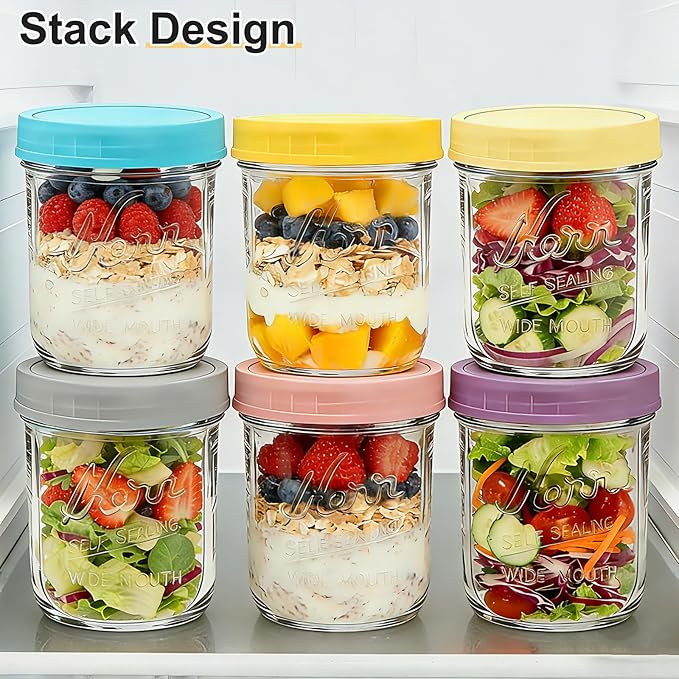 6-Pack Wide Mouth Mason Jars with Lids, 16 oz Overnight Oats Jars Containers with Lids, Glass Meal Prep Food Storage Containers for Oatmeal, Chia Seed Pudding, Yogurt, Snacks, Salads, Fruit, Spice