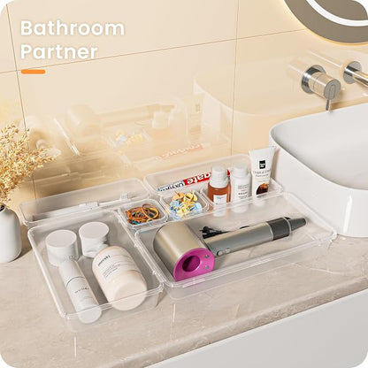 A-LuGei 【46PCS & 5Sizes Clear Drawer Organizer,【Hold 277 Items】 Makeup Organizer, Bathroom Organizers and Storage, Organization and Storage, Organizer Bins for Office Vanity Kitchen Tool Trays