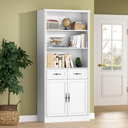 BORNOON 71.4" Tall Bookshelf with Drawers & Cabinet, 5-Tier Floor Standing Bookcase with Storage Doors, Adjustable Shelves & Metal Handles, 31.5" Wide Organizer for Home Office, Living Room