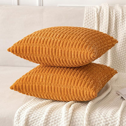 MIULEE Pack of 2 Burnt Orange Corduroy Decorative Euro Sham Pillow Covers 24x24 Inch Soft Boho Striped Throw Pillow Covers Modern Farmhouse Home Decor for Summer Sofa Living Room Couch Bed