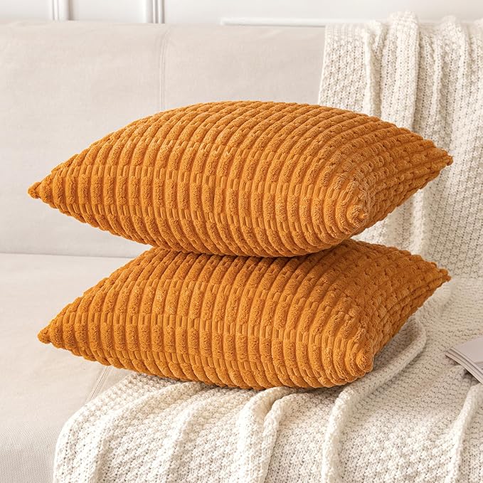 MIULEE Pack of 2 Burnt Orange Corduroy Decorative Pillow Covers 18x18 Inch Soft Boho Striped Throw Pillow Covers Modern Farmhouse Home Decor for Summer Sofa Living Room Couch Bed