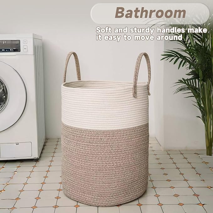 JMvicyroam Large Woven Laundry Basket Hamper,60L Cotton Rope Storage Bin for Blankets,Toys and Clothes,Decorative Tall Nursery Hamper for Living Room,Baby Nursery,Bathroom and Bedroom,Brown