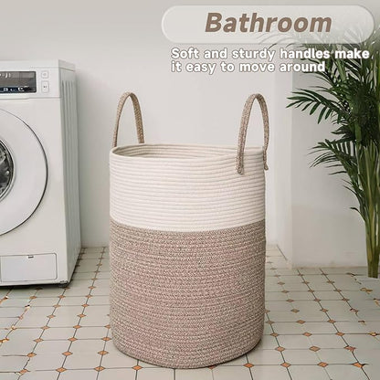 Large Woven Laundry Basket Hamper,80L Cotton Rope Storage Bin for Blankets,Toys and Clothes,Decorative Tall Nursery Hamper for Living Room,Baby Nursery,Bathroom and Bedroom,Brown