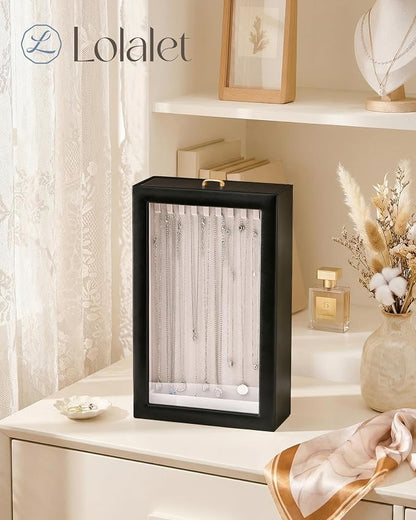 Lolalet Upgraded Double-Sided Hanging Necklace Organizer Box, Jewelry Display Case with Double-Sided Clear Window for Necklaces Bracelets, Tangle-Free Necklace Storage Box, Black, 1-Layer 20 Hooks