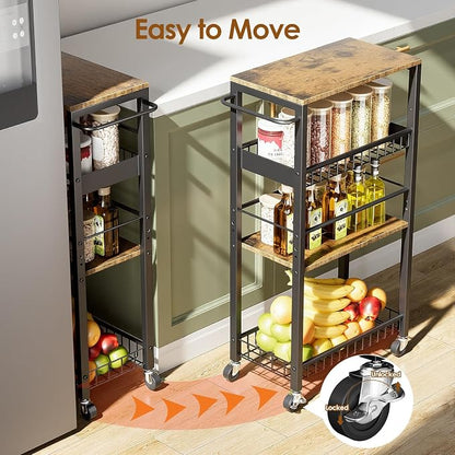 Slim Storage Rolling Cart, 4 Tier Narrow Cart with Wheels, Metal Kitchen Rolling Cart for Small Spaces, Slide Out Storage Shelves for Kitchen, Laundry Room, Bathroom, Living Room, 9.1in(W)