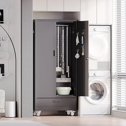 SUXXAN Broom Closet with Wheels 71"x 31.5"x15.75", Metal Cleaning Cabinets with Drawer Hooks and Hanging Rods, Lockable Cabinet with Pegboard, Adjustable Shelf,for Garage, Laundry Room
