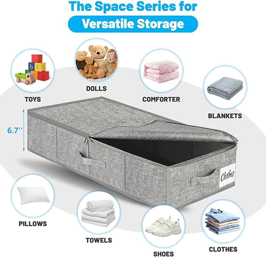 Under Bed Storage Container Bins 2 Pack, Low Profile Foldable Underbed Clothes Storage Organizer W/ Ultra Thick Fabric and Sturdy Bottom/Sides, Dual Zipper Storage Box for Dorm and Home 30x16x6.7"