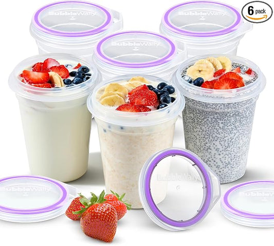 BubbleWally JoyPlus Overnight Oats Containers with Lids Plastic (Purple) - Meal Prep Containers Reusable for Food Storage – 16oz Jars for Breakfast, Snacks, and Lunch