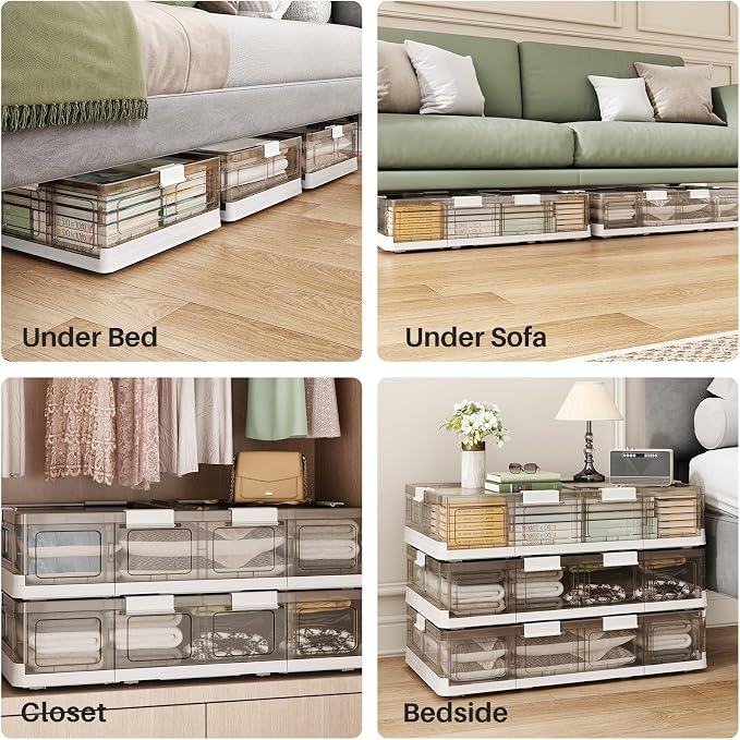 Kitstorack Plastic Under Bed Storage Containers,2 Pack Underbed Storage with Wheels,Foldable and Stackable Under Bed Organizer,Moisture and Dust-proof Storage Boxes for Clothes Shoes,13.6 Gal