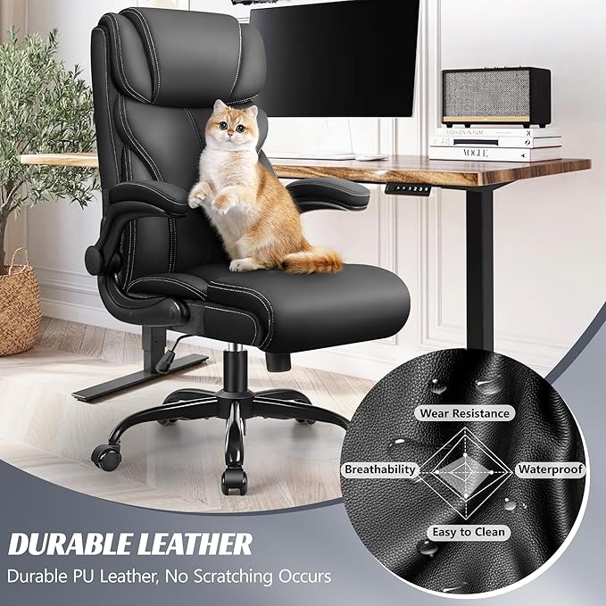 Office Chair, Ergonomic Big and Tall Computer Desk Chairs, Executive Breathable Leather Chair with Adjustable Flip-up Armrests, Lumbar Support Swivel PC Chair with Rocking Function